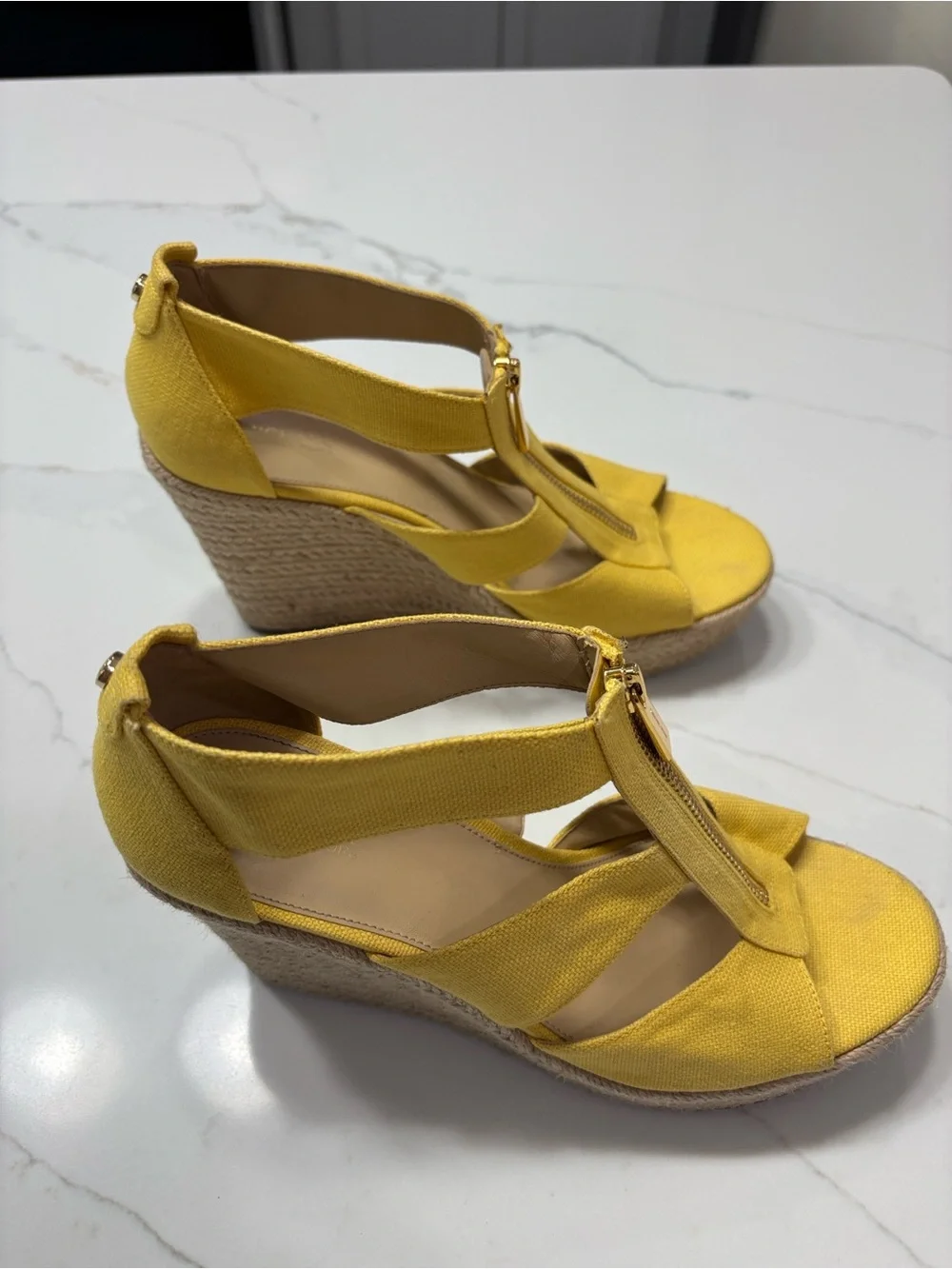 MICHAEL Michael Kors Yellow Espadrille Wedge Sandals with Front Zip Detail